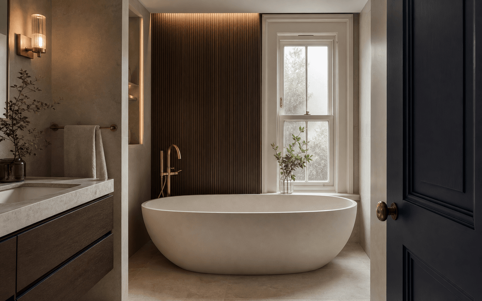 Refined townhouse bathroom with a freestanding tub and dark-oak panelling