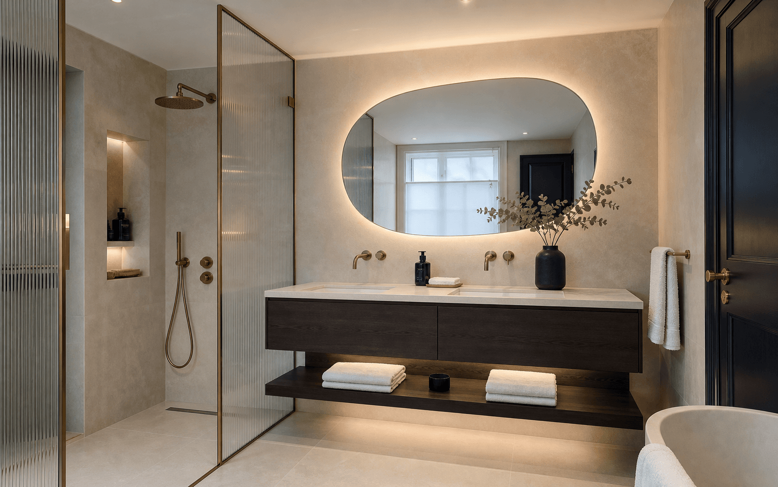 Limestone bathroom refurbishment with a fluted-glass walk-in shower