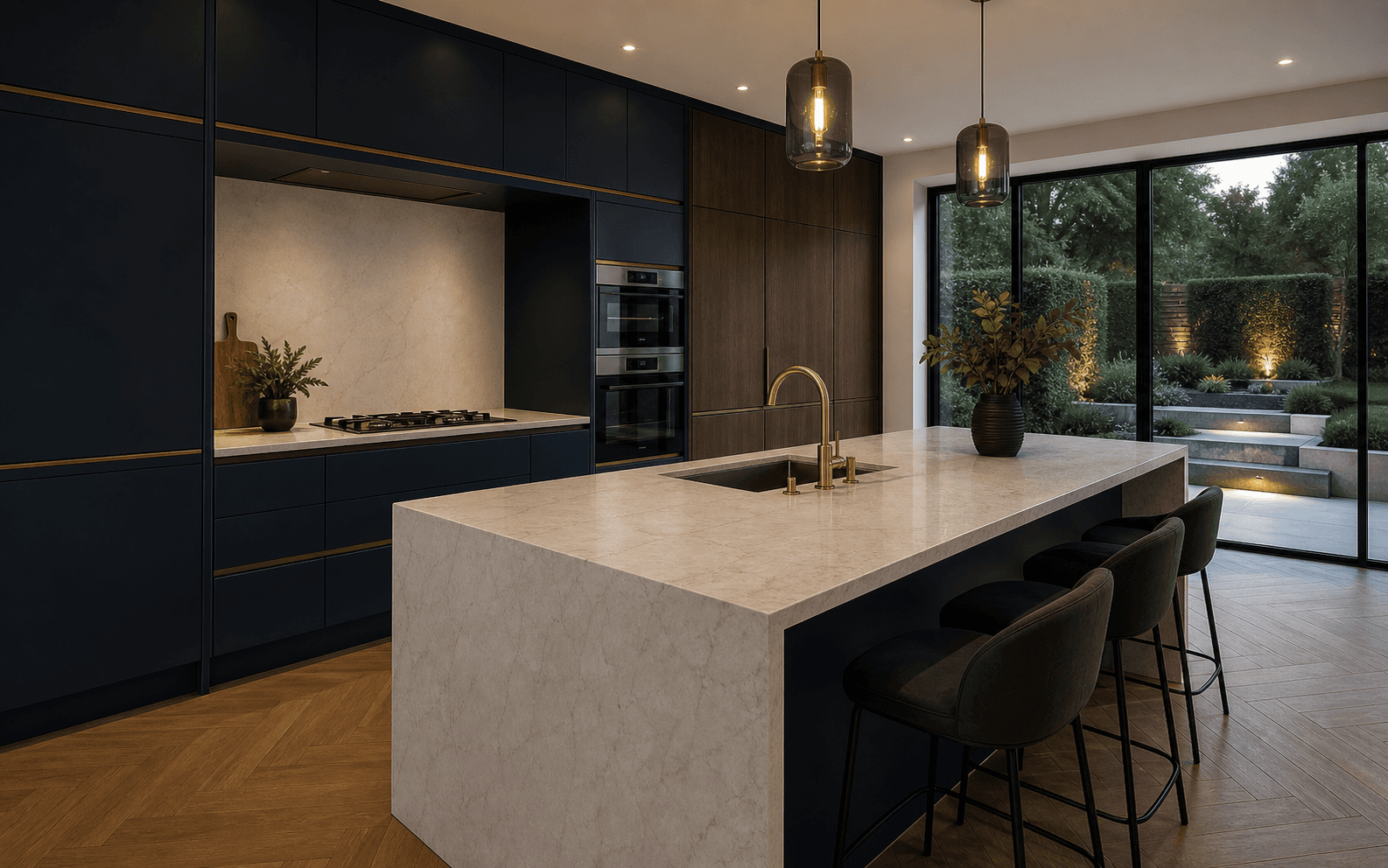 Premium London kitchen with navy cabinetry, oak detailing and champagne-brass accents