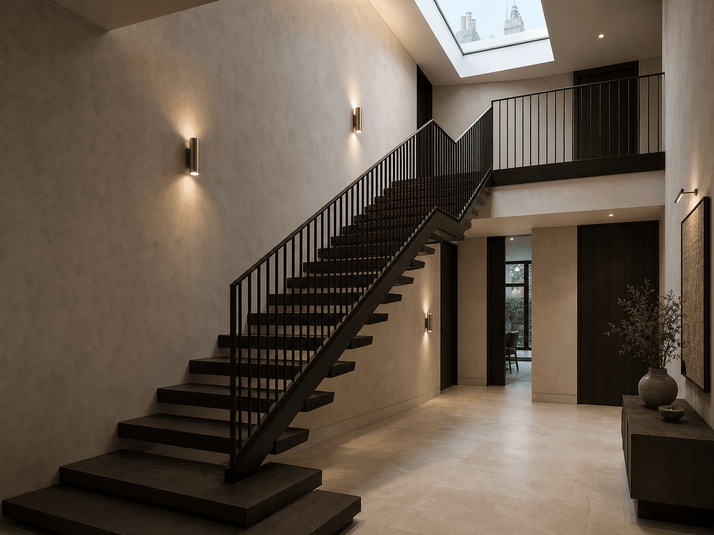 Dark-oak feature staircase in a double-height renovated townhouse