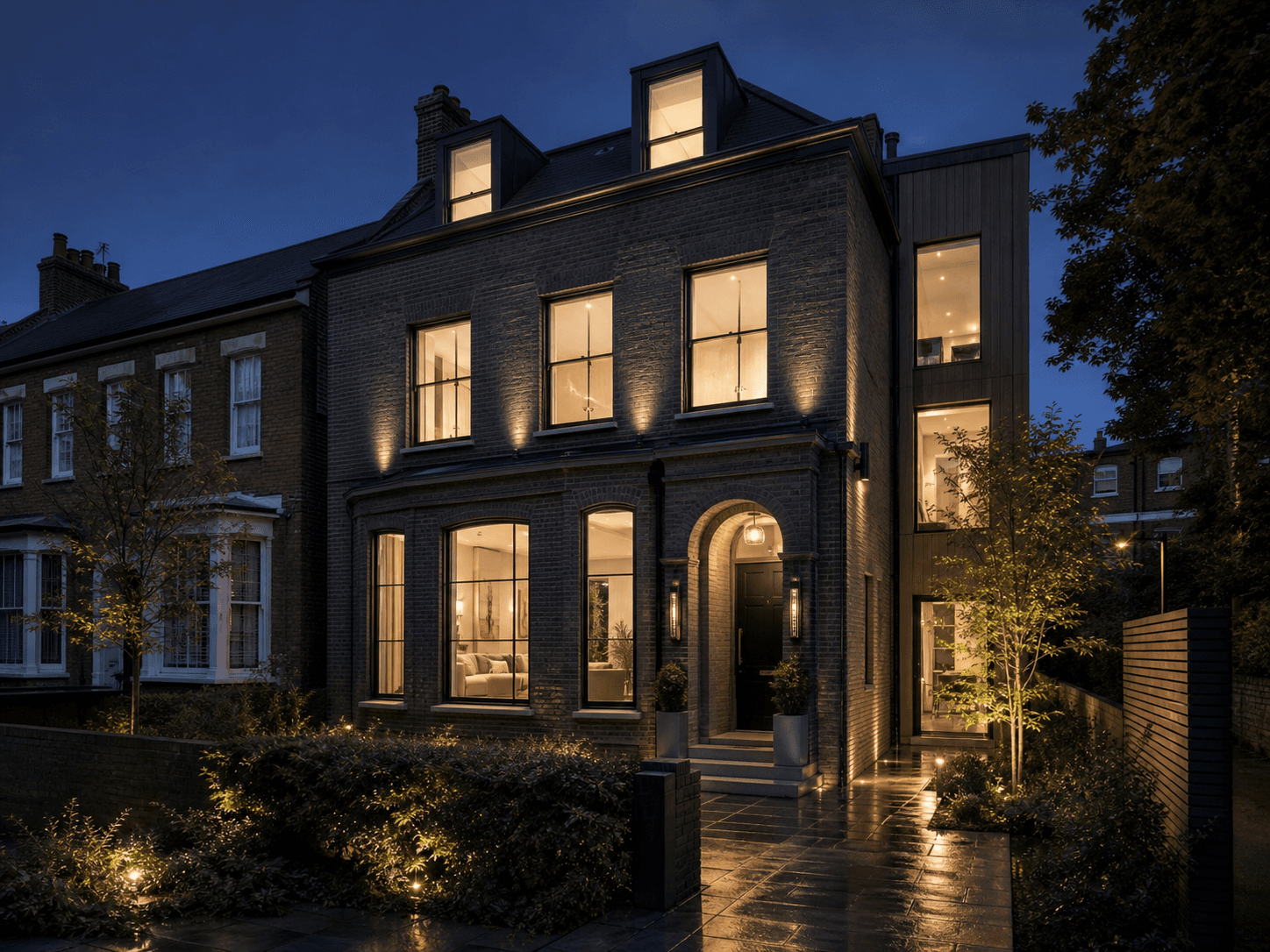 Renovated London townhouse glowing warmly at twilight