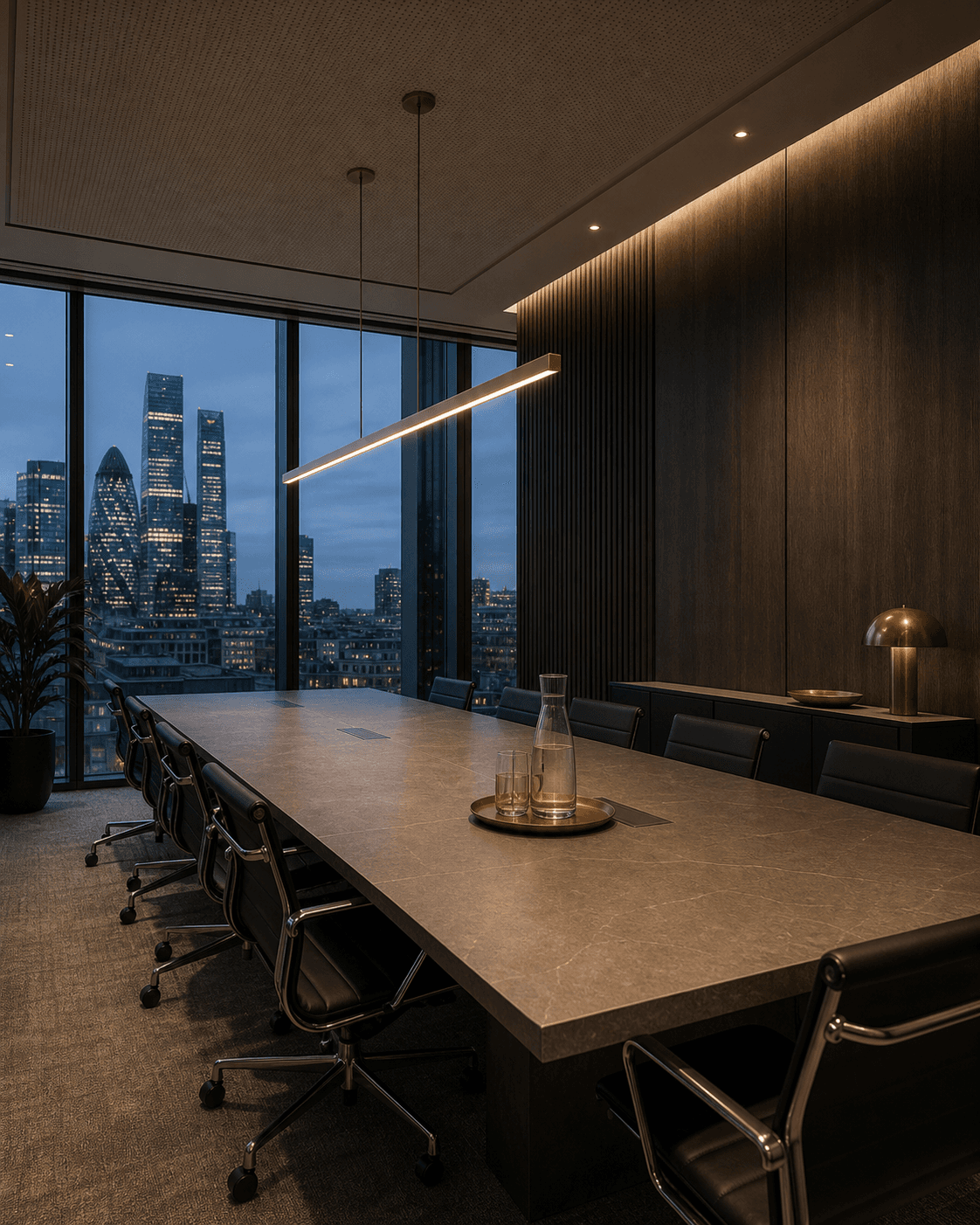 Completed executive boardroom with stone table and City of London views