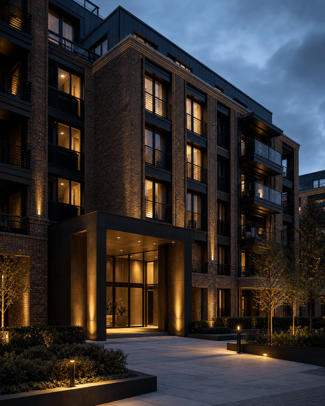 Refurbished London residential development and landscaped communal entrance at dusk