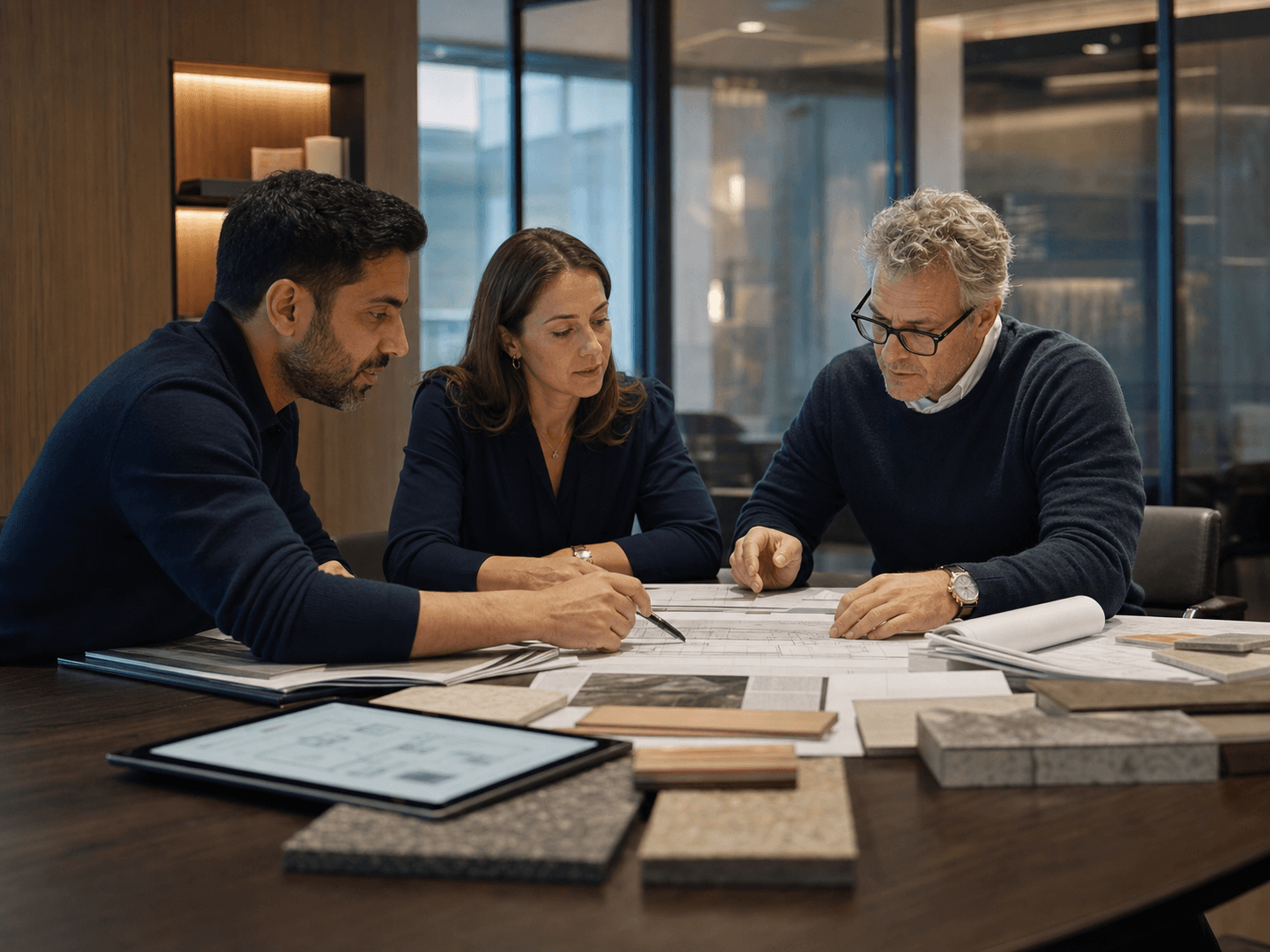 Property team and client reviewing refurbishment plans and material samples